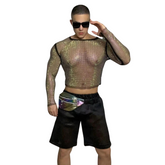 Sexy Rainbow Rhinestone Mesh Hoodie Set